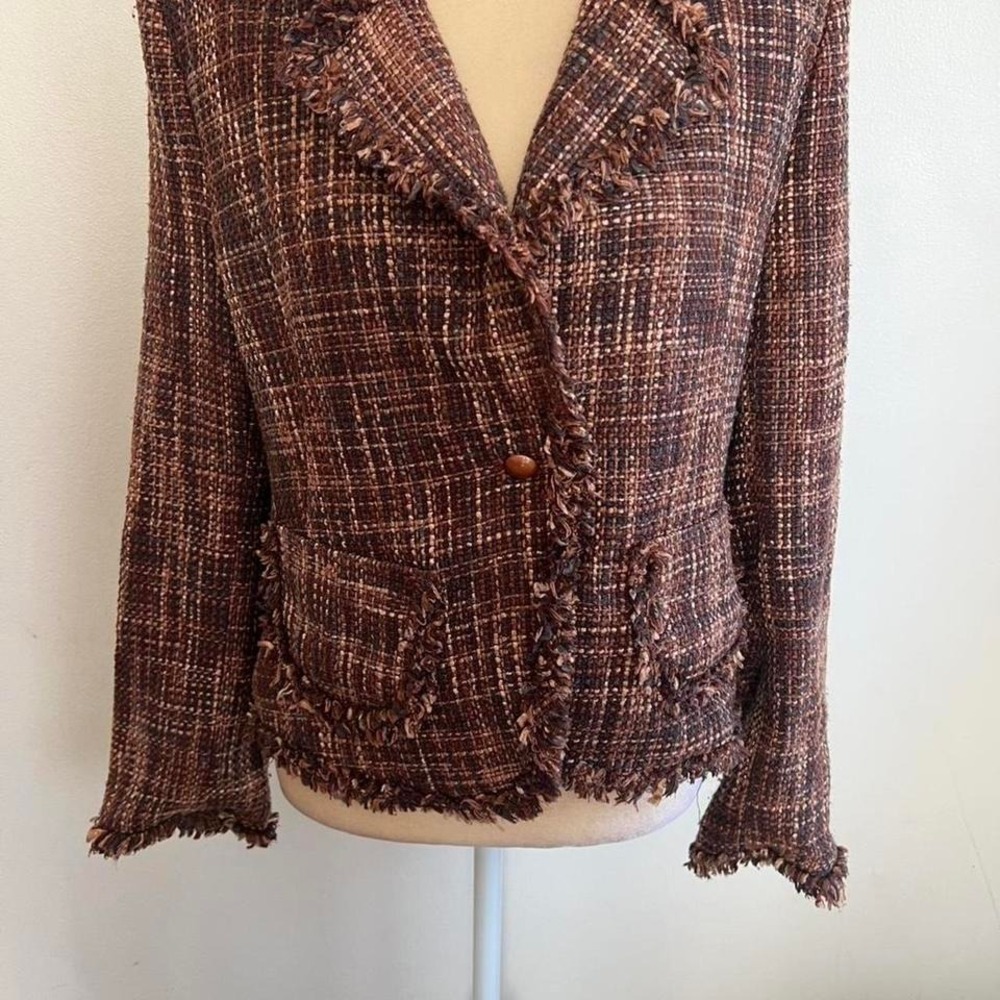 Silkland Brown Silk Blend Tweed Fringed Blazer Jacket Brown Tan Large